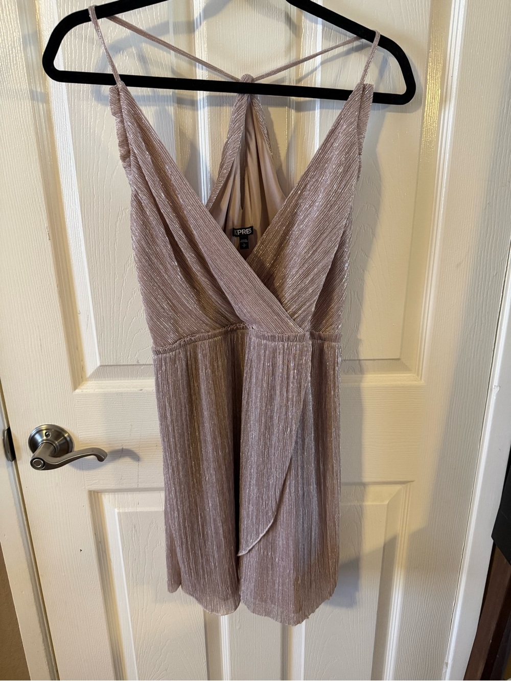 Express Metallic Taupe Pleated Spaghetti-Strap Mini Dress S